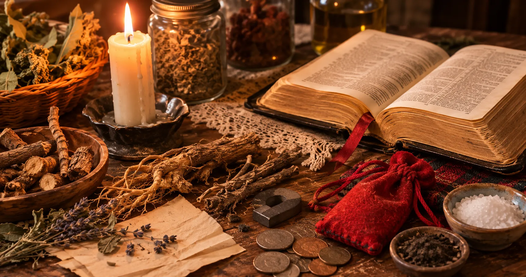 胡督（Hoodoo）民俗魔法常見的材料：藥草根、蠟燭、聖經、魔咒袋與磁石