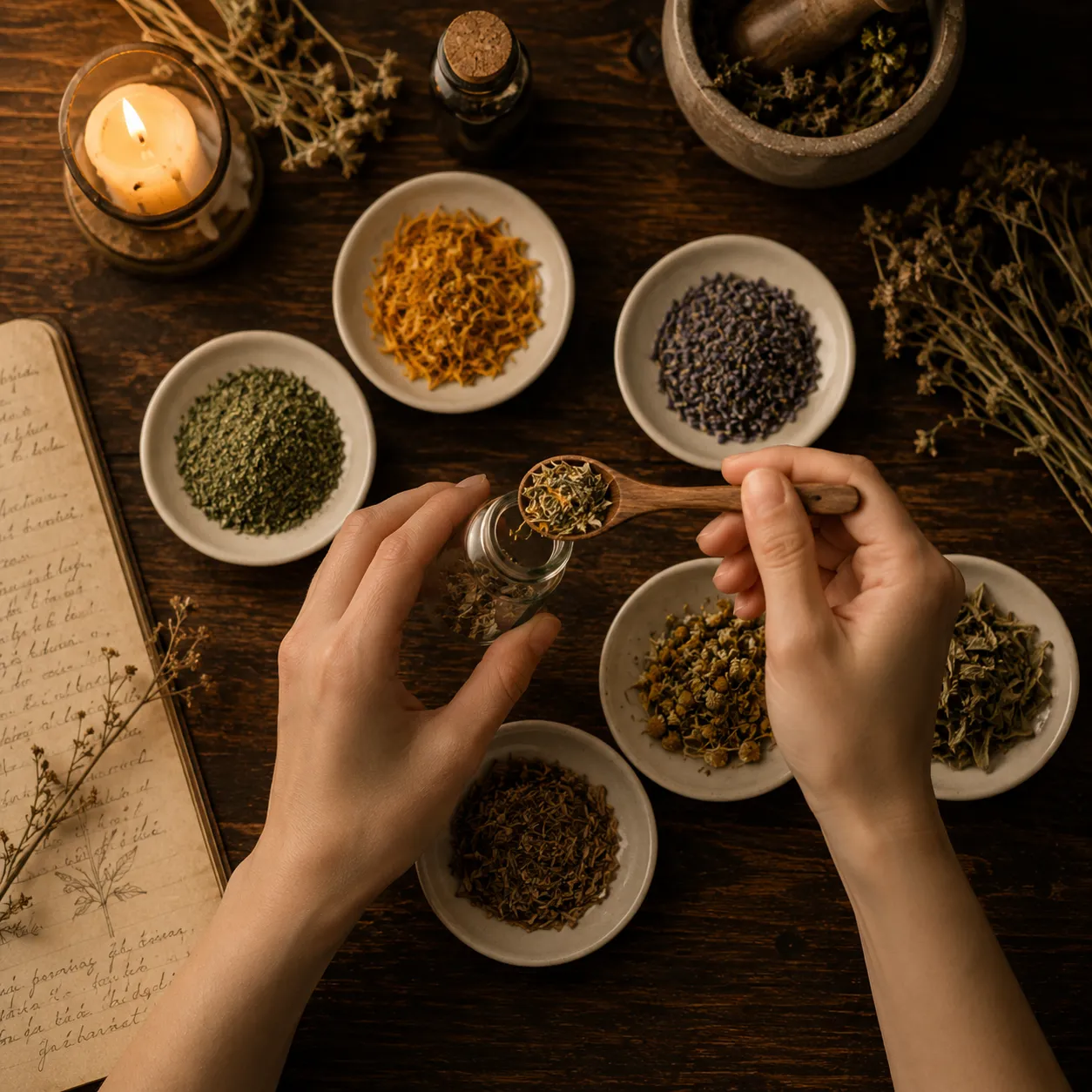 課程實作過程：將藥草舀入咒瓶